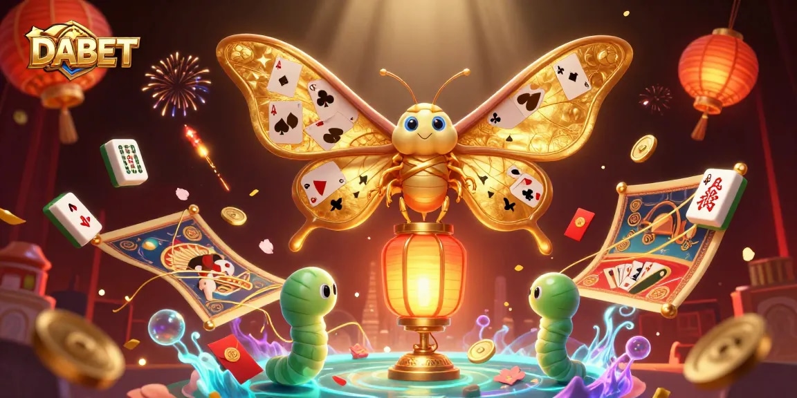 DABET engages players with a vibrant scene of a majestic moth and glowing casino elements in a 3D illustration.