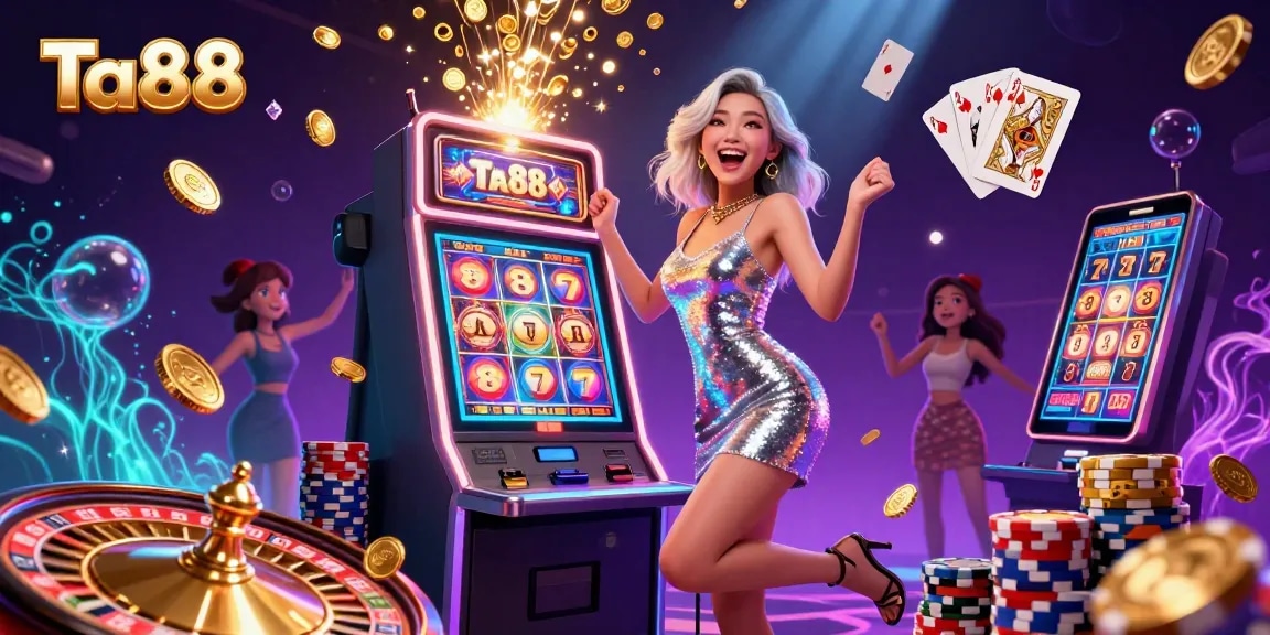 Experience the excitement of winning at Ta88 with vibrant casino elements and dynamic golden coins.