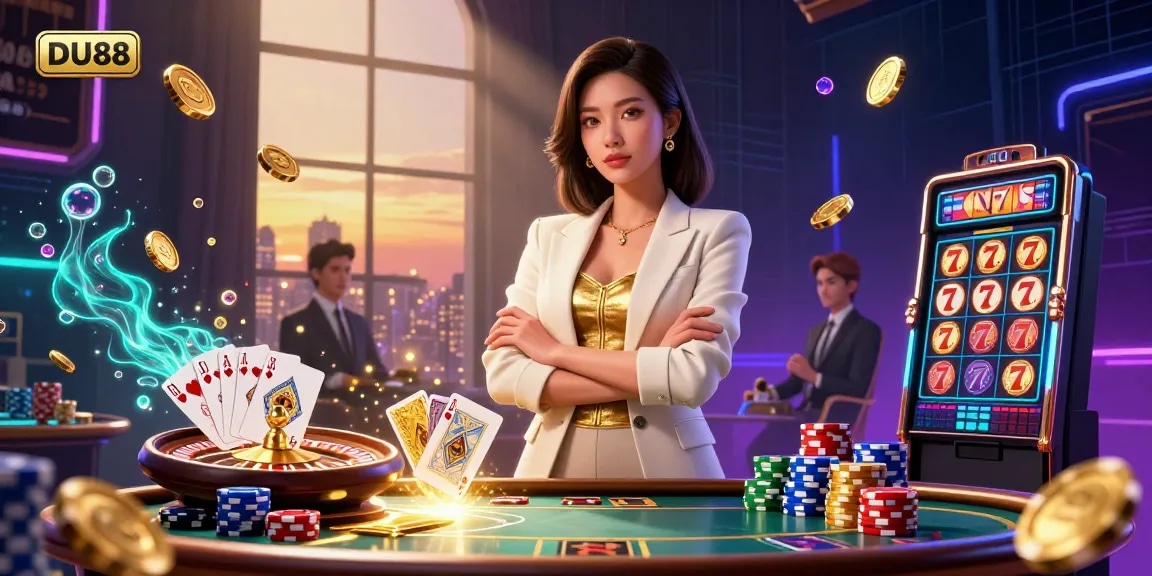 Experience thrilling gameplay at DU88 with a glamorous Asian woman and vibrant casino elements.