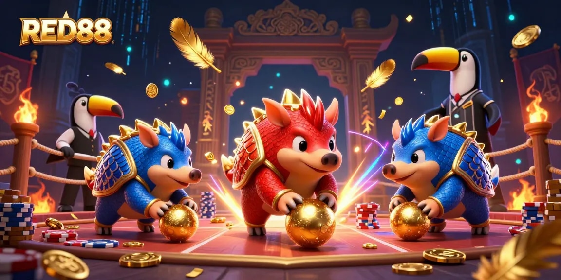 Experience the thrilling world of RED88 with pangolins bowling golden balls through poker chips in an epic casino scene.