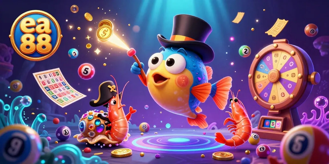 ea 88 showcases a vibrant underwater casino scene with characters attracting golden coins.