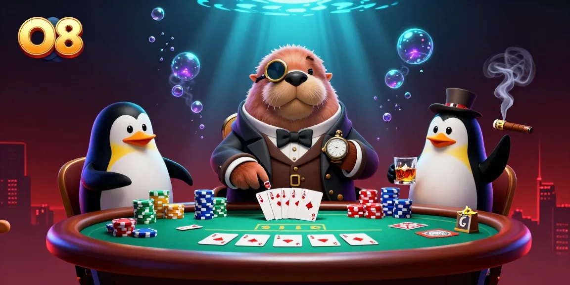 O8 players enjoy underwater poker with a jolly walrus, showcasing vibrant chips and cards.