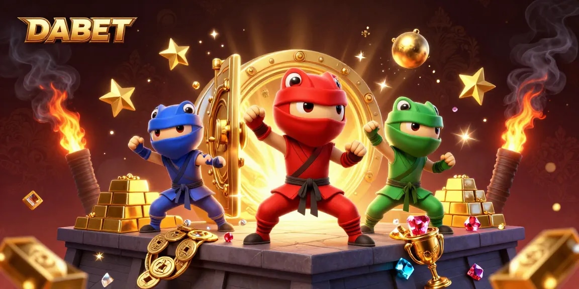 DABET showcases an exciting scene with ninja chameleons performing martial arts among golden treasures, highlighting fun in online gaming.