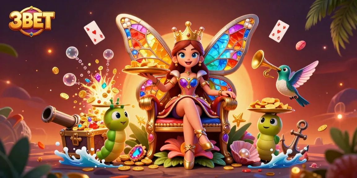 Experience 3BET's vibrant casino scene with a majestic butterfly queen and playful casino elements.