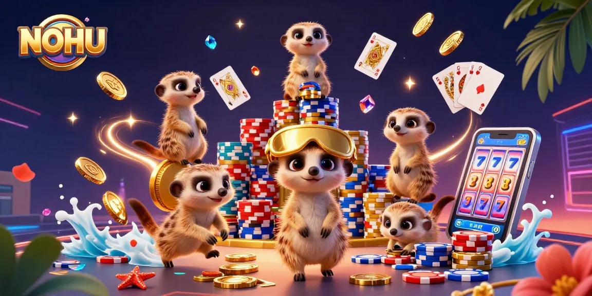 Experience the excitement of NOHU casino through animated meerkats managing chips and games.