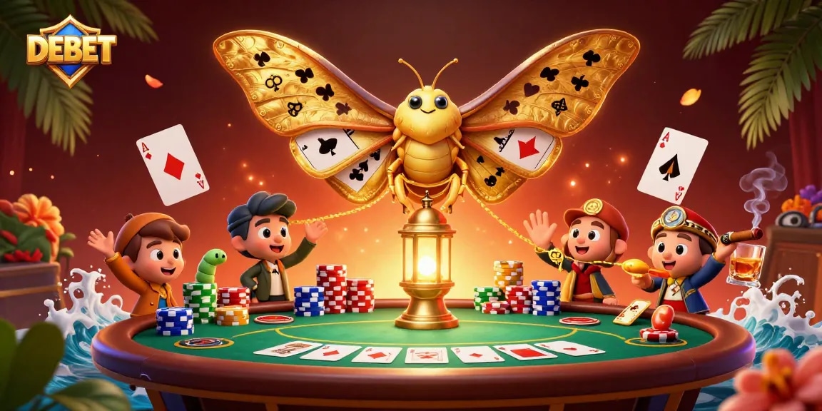 Experience DEBET's vibrant gaming scene with a stunning 3D illustration featuring an atlas moth and poker elements.