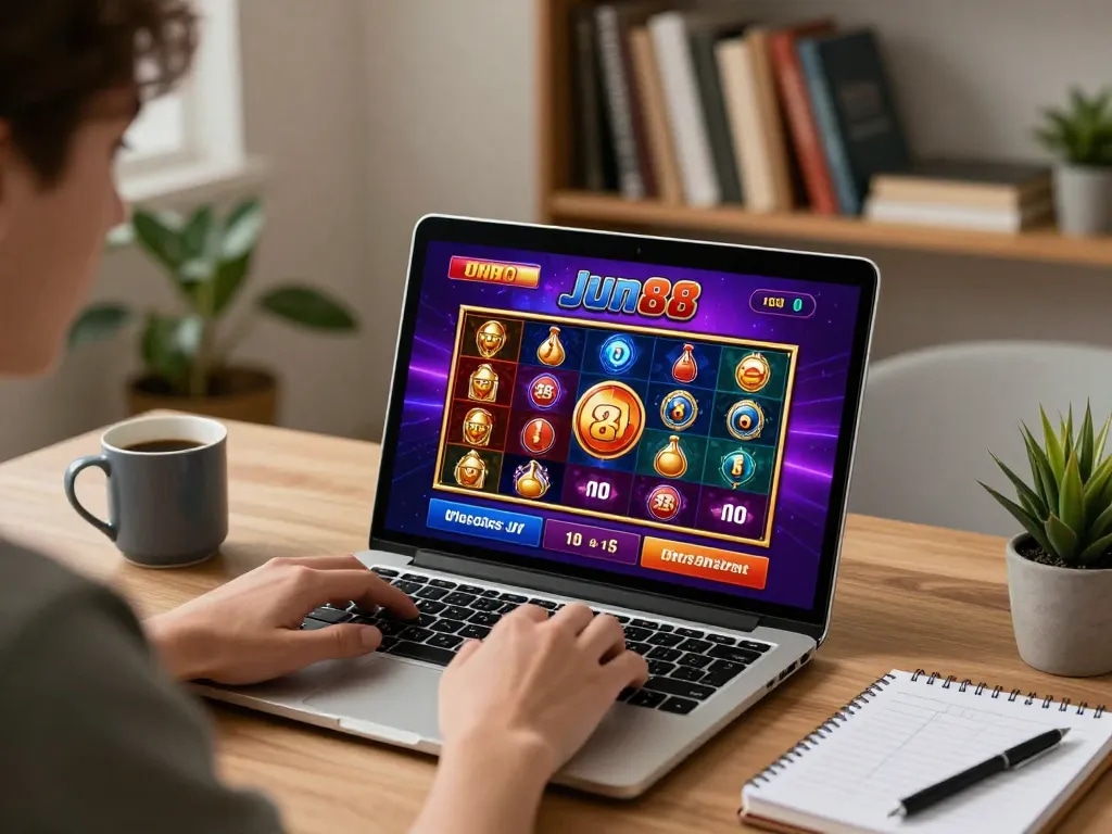 Engaged player using Jun88 đăng nhập on laptop for an immersive online casino experience