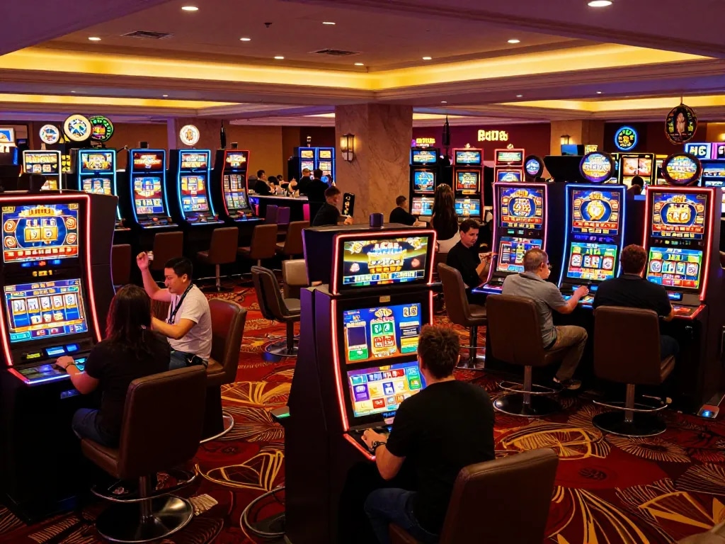 Lucky88 players cheering wins active at vibrant slot machines in a lively casino.