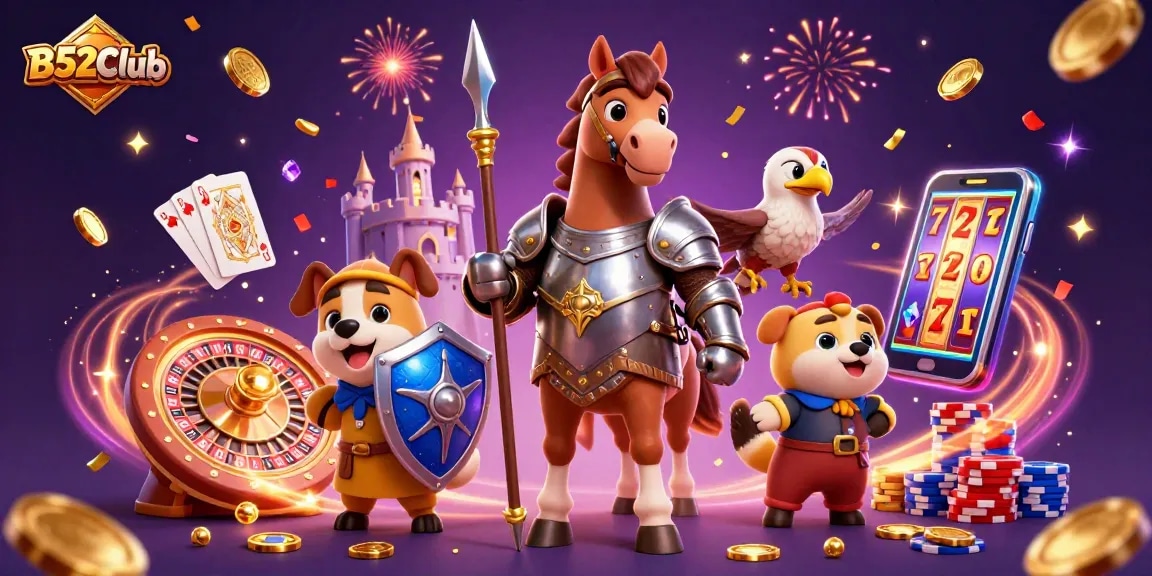 Win big with B52Club's immersive gaming, featuring knights, gems, and exciting casino elements.