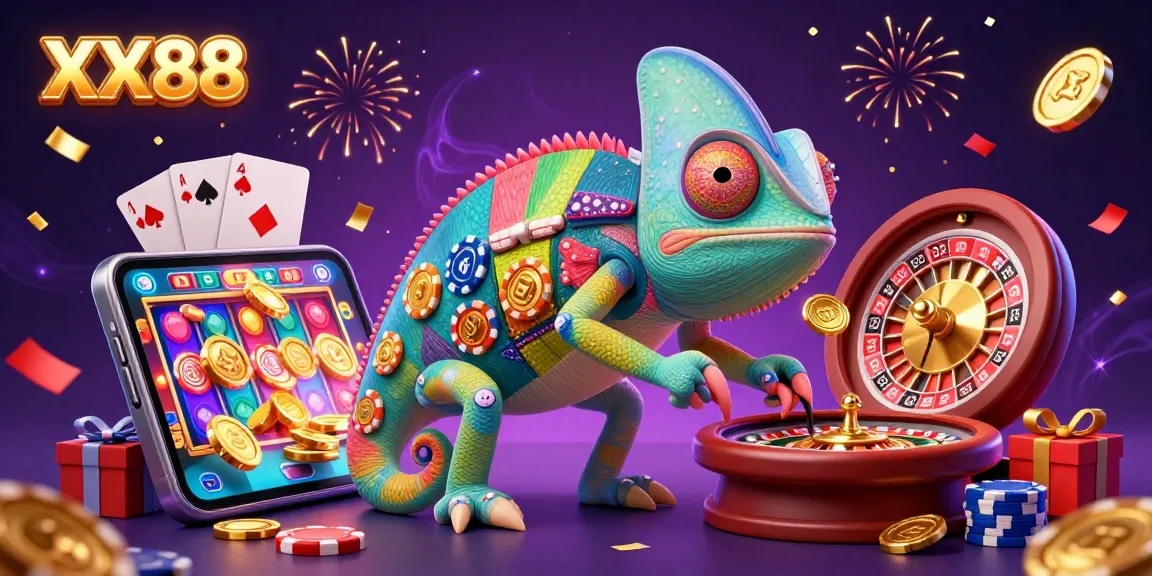 Join the excitement at XX88, where a chameleon casino owner interacts with vibrant slot games, golden coins, and poker elements.