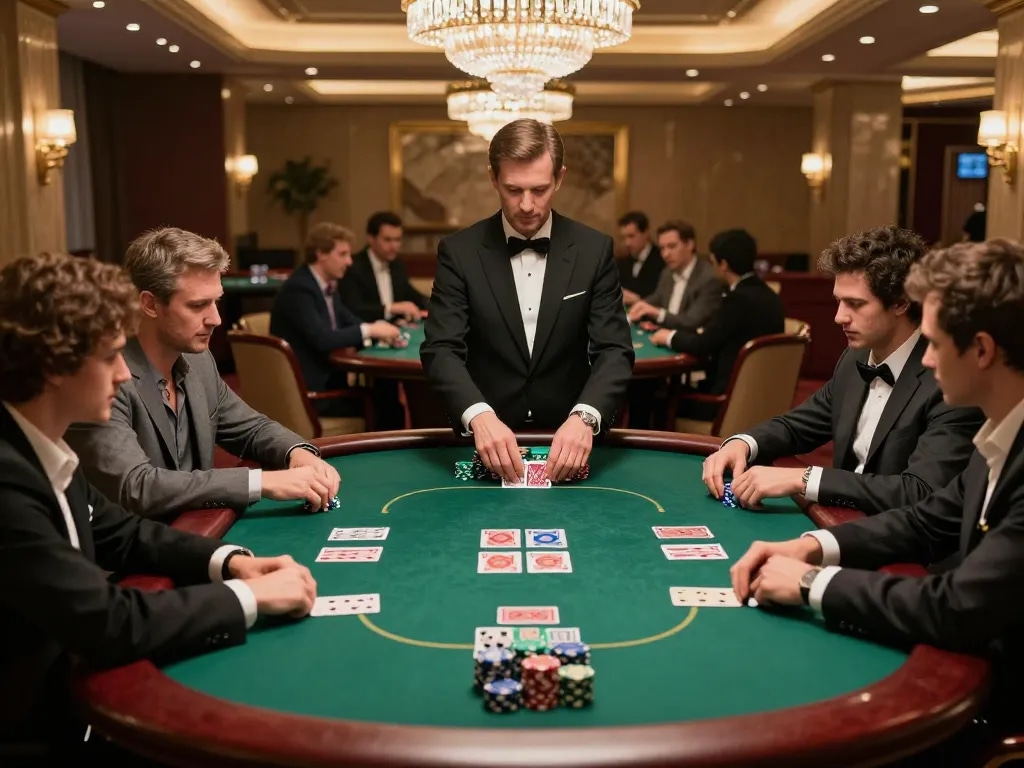 Players engage in a thrilling poker game at dabet88's upscale casino, highlighting intense strategy and excitement.