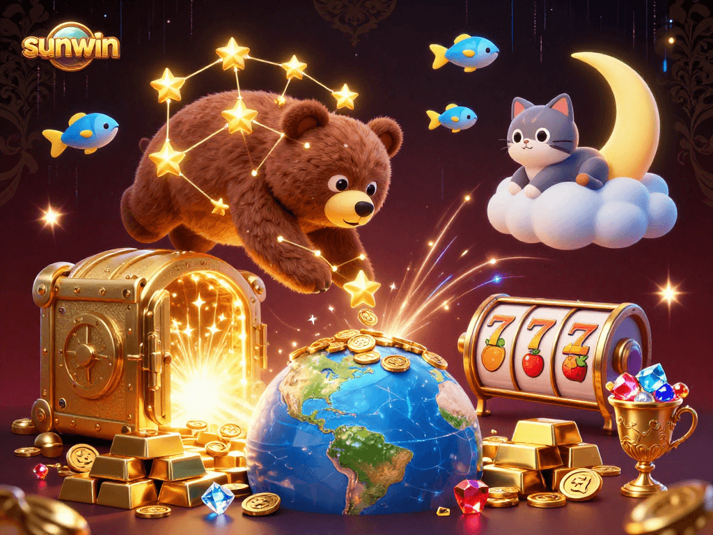 Experience the excitement of sunwin's slots with golden treasures and vibrant visuals in a whimsical 3D scene.