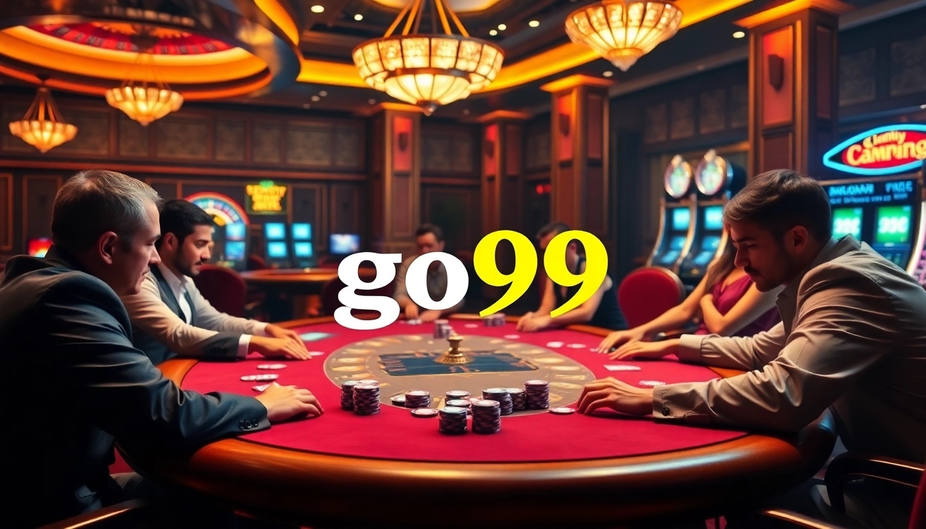Players strategizing at a high-stakes poker table in a luxurious go99-themed casino setting.