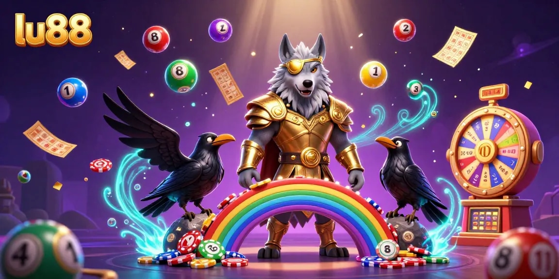 Experience lu88's thrilling gaming with vibrant characters and dynamic lottery elements in a magical casino setting.