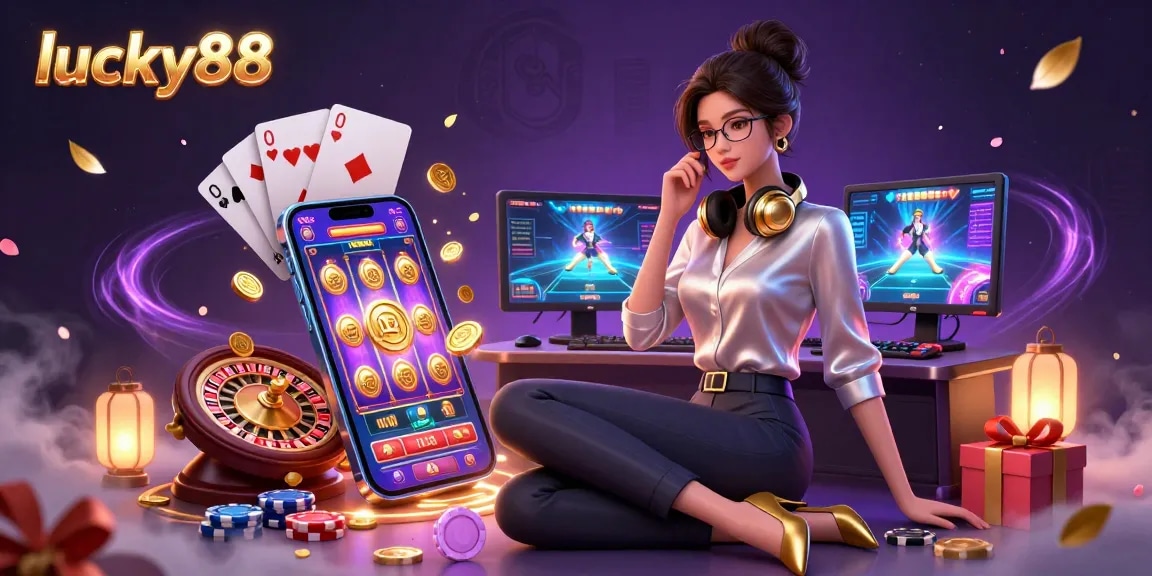 Experience thrilling gaming at lucky88 with an elegant woman immersed in a high-tech casino setup.