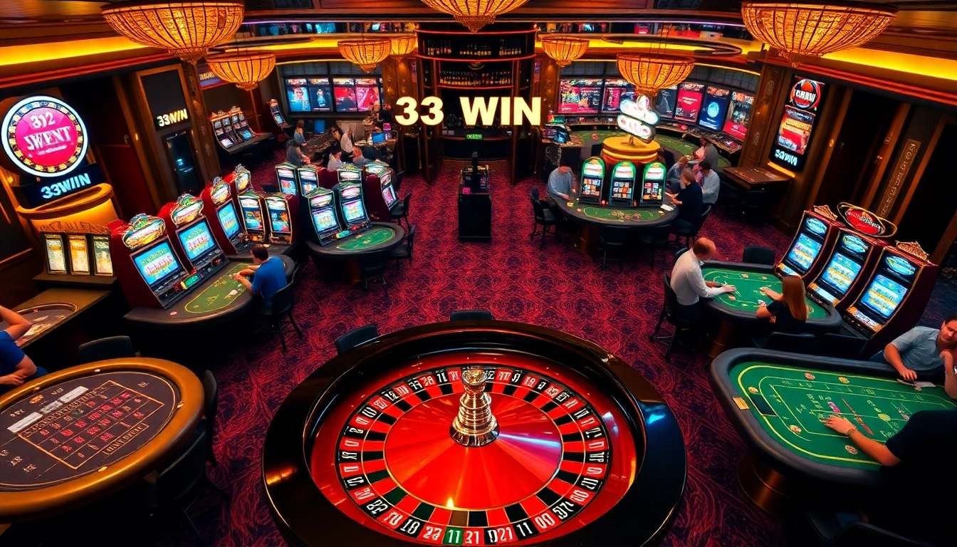 Experience the thrill of 33WIN with an engaging casino scene showcasing roulette and poker action.