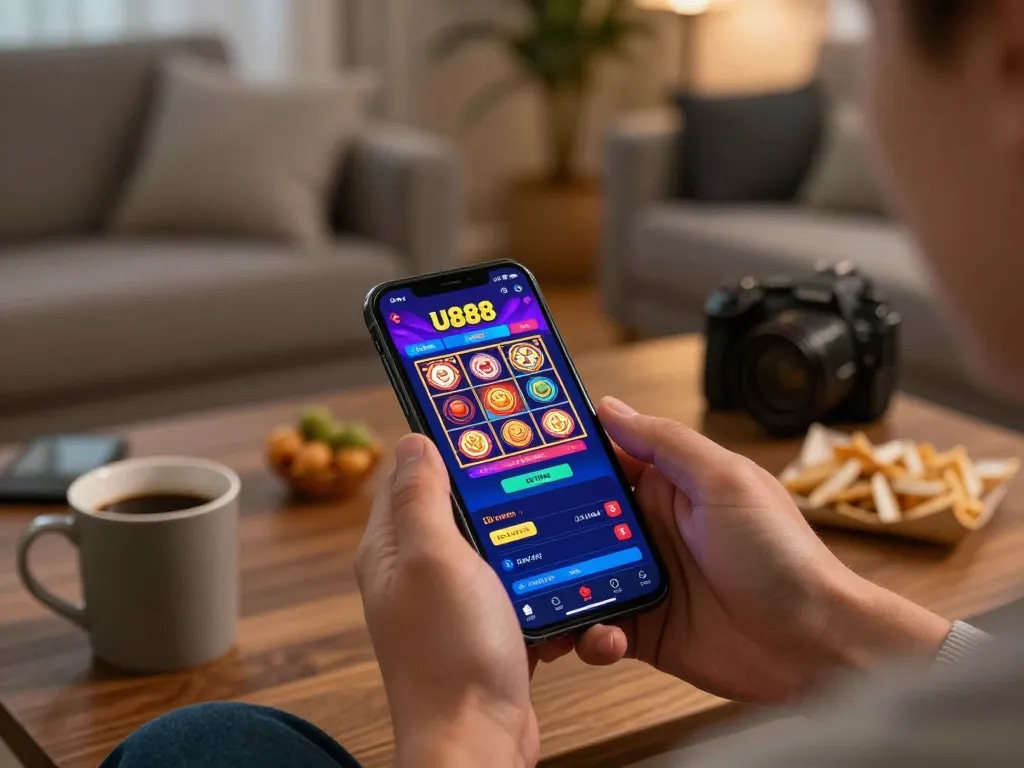 Engaging with U888's mobile casino app in a cozy home setting while enjoying slots.