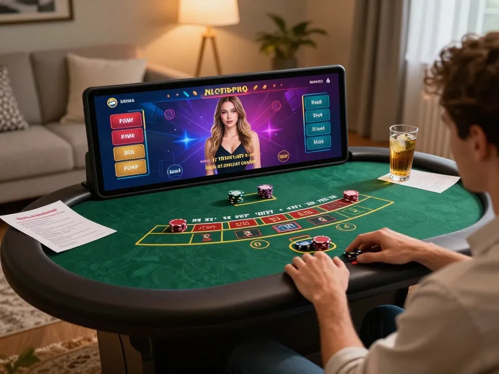 LUCKY88 player engaged in an online blackjack game on tablet, warm home setting with strategic notes