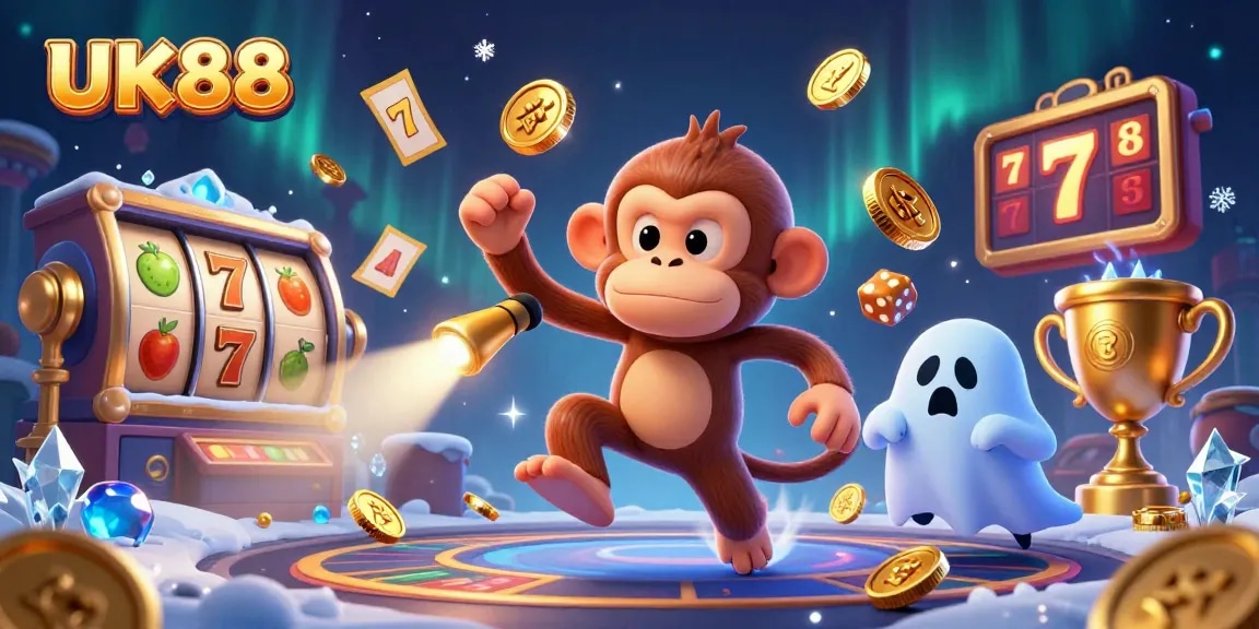 Experience thrilling entertainment with UK88's dynamic casino gaming scene filled with vibrant characters and golden elements.