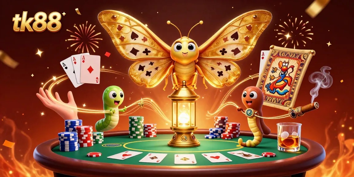 Engage with the vibrant gaming world at tk88, featuring an exquisite moth and casino elements.