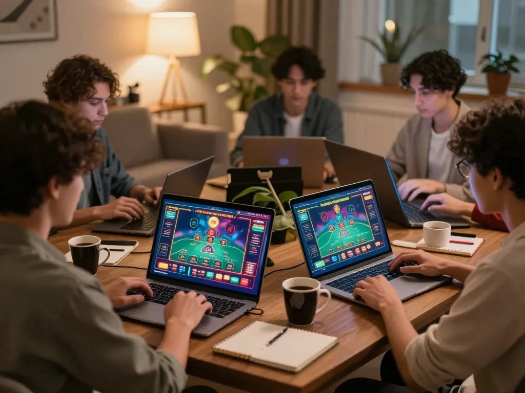 Play online casino games at RR88 with a cozy home setup, showing happy users engaged in action.