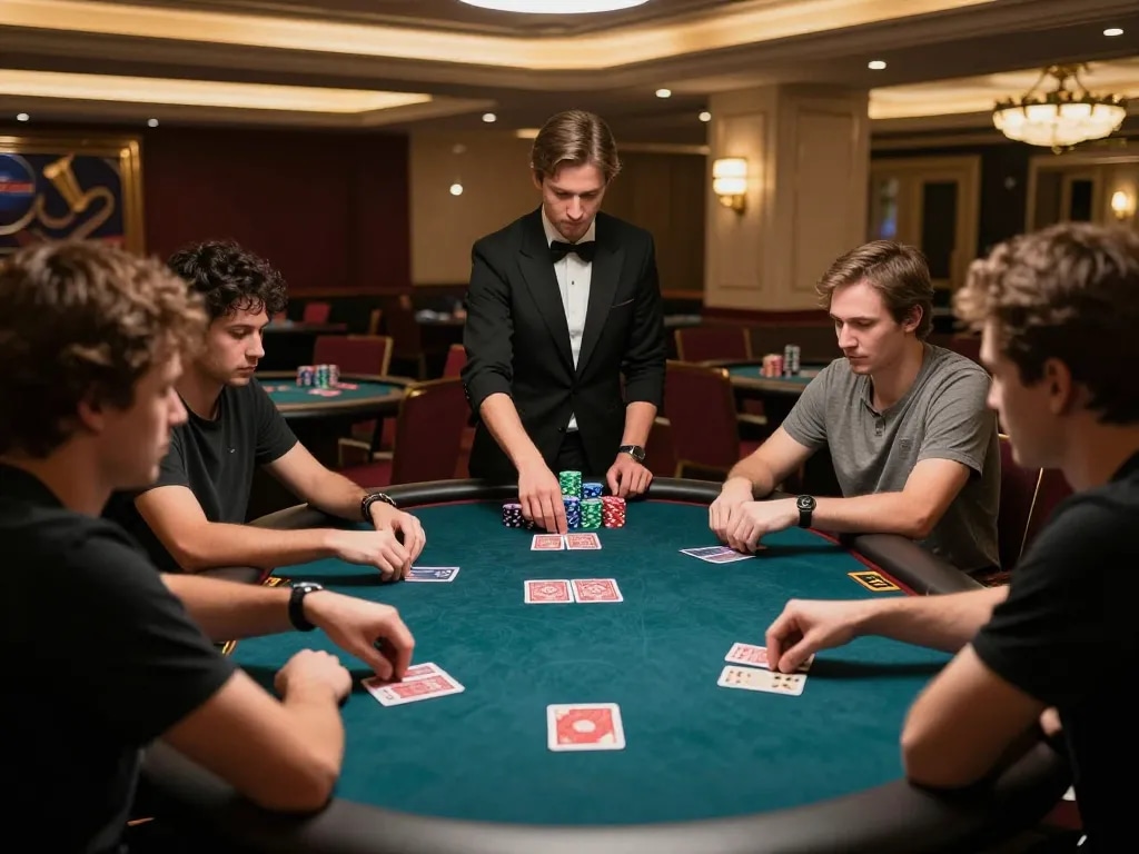 Players engaging in a high-stakes poker game at debet casino, showcasing strategy and tension.