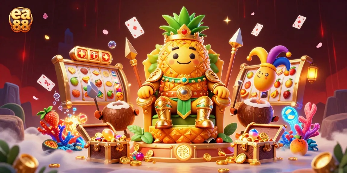 Experience the excitement of ea 88 with golden pineapple king and spinning slot reels in a vibrant casino.