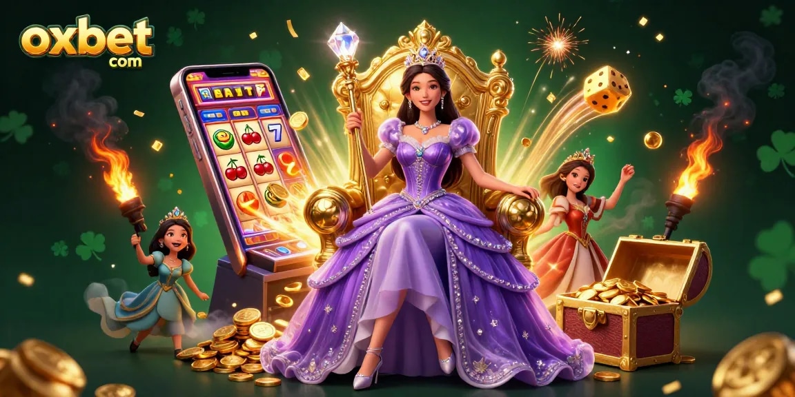 Experience thrilling gaming at oxbet com with a beautiful Asian princess amidst a jackpot explosion of coins and vibrant casino elements.