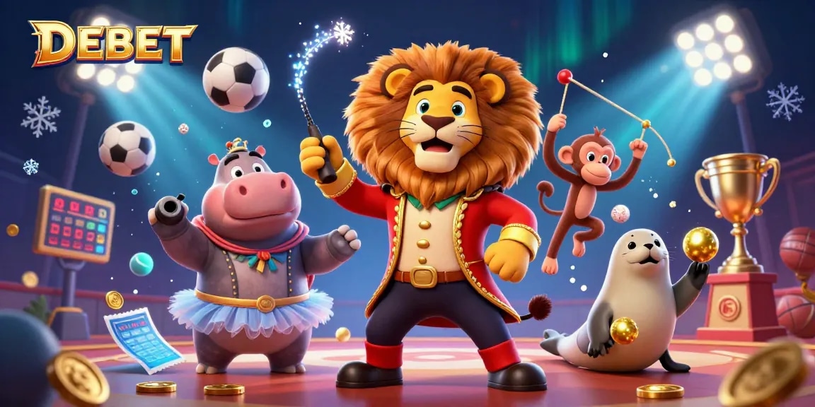 Experience the thrill of betting with DEBET in a vibrant 3D circus scene featuring playful characters and dynamic sports elements.