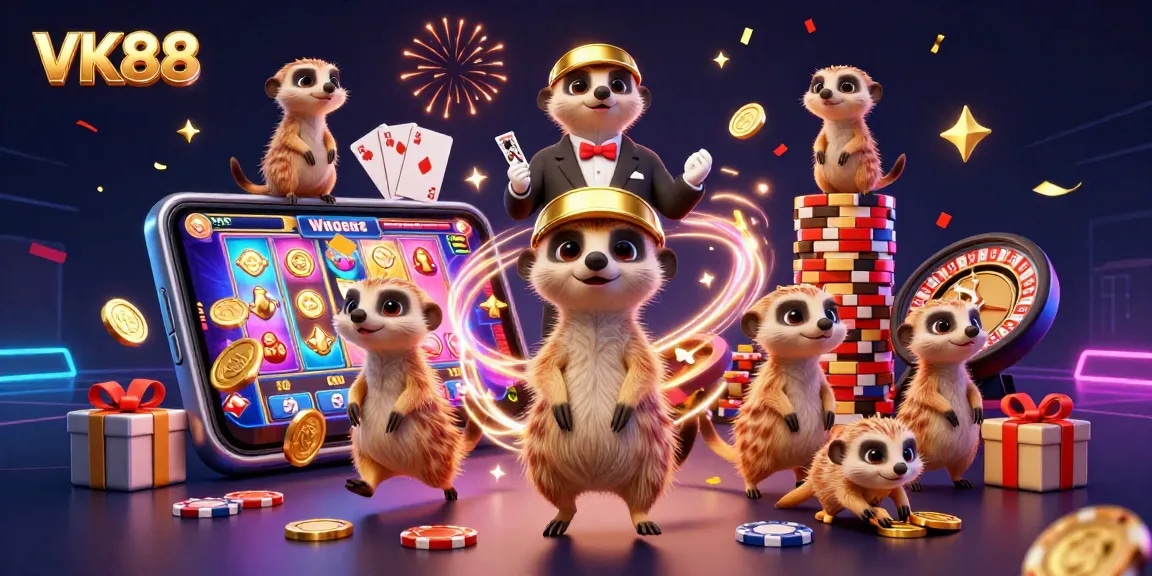VK88 meerkats orchestrating a vibrant casino scene, showcasing a dynamic and rich gaming atmosphere.