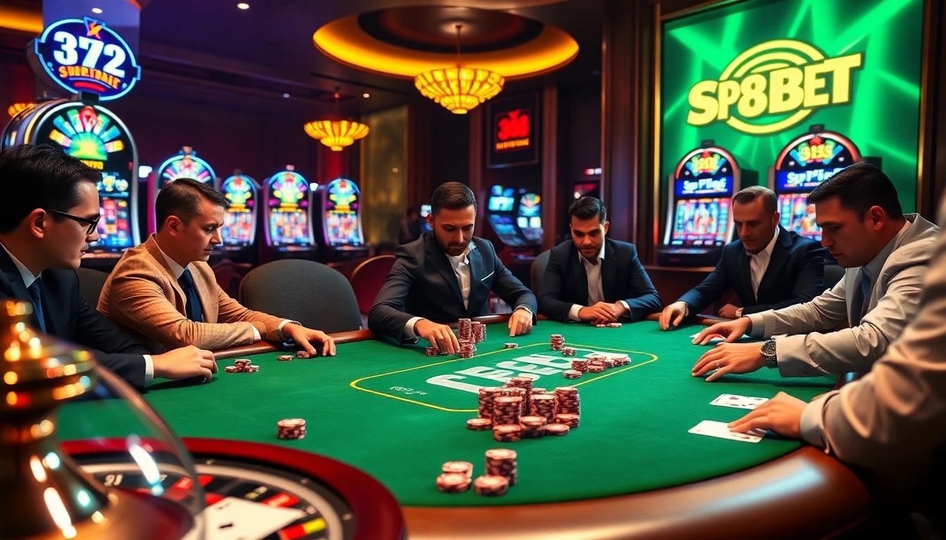 Experience the excitement of SP8BET's high-stakes poker game featuring vibrant visuals and professional gamblers.