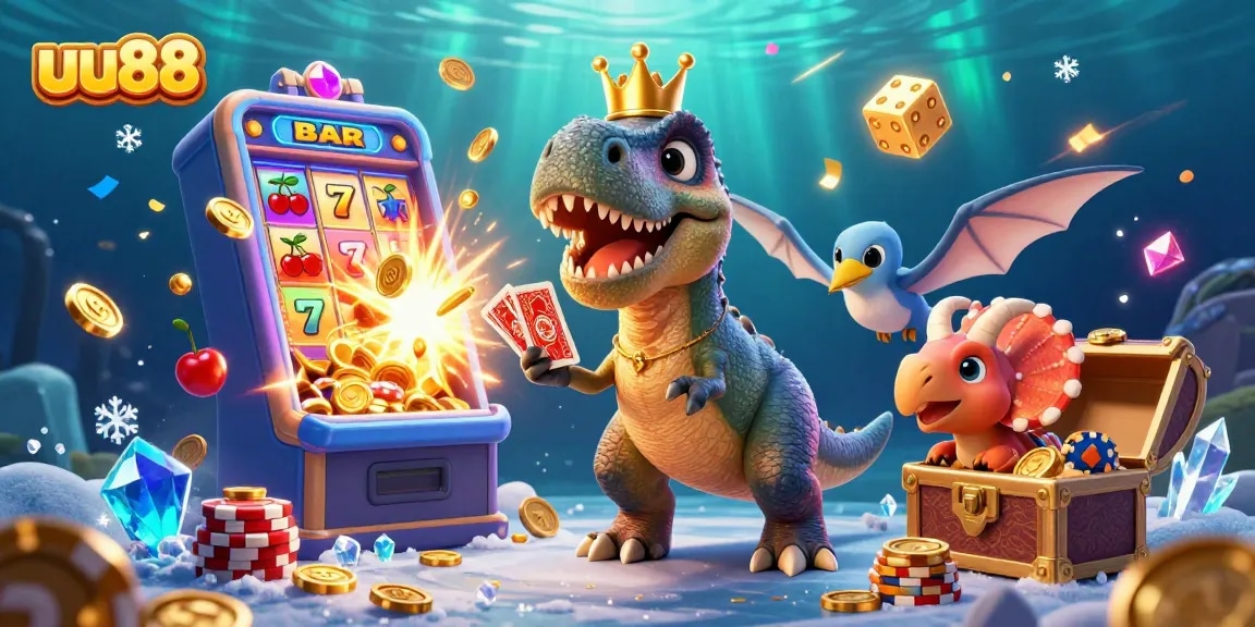 uu88's energetic scene features characters engaged in a lively casino game, showcasing a vibrant, fun atmosphere.