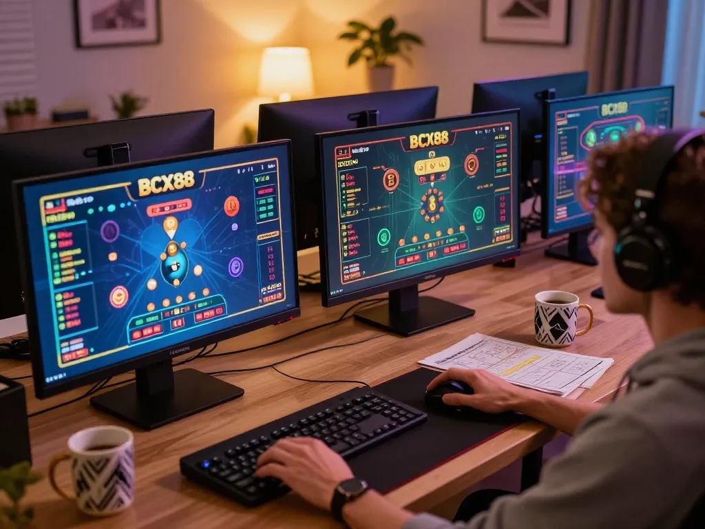 Engaging online gaming scene with BCX88 casino games displayed on multiple screens.