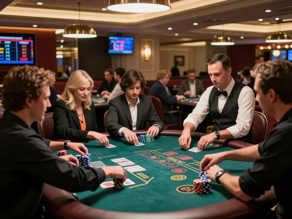 Engaged players at a blackjack table showcasing strategic gameplay in the lively casino atmosphere of ga888n