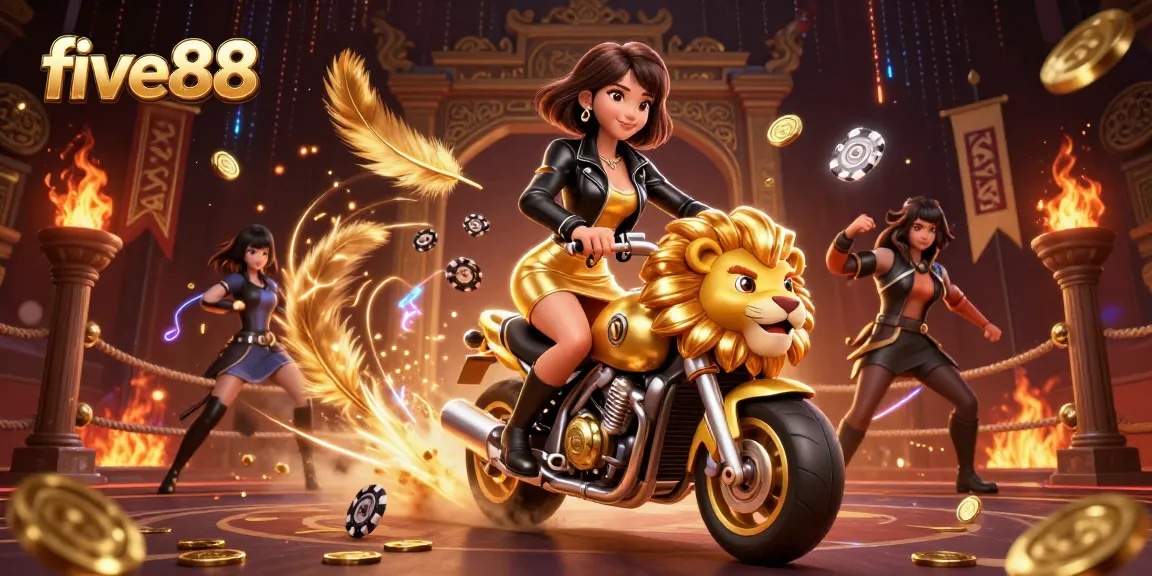 Experience the thrill of five88 with an Asian woman on a golden lion mascot amidst poker chips and glowing casino elements.