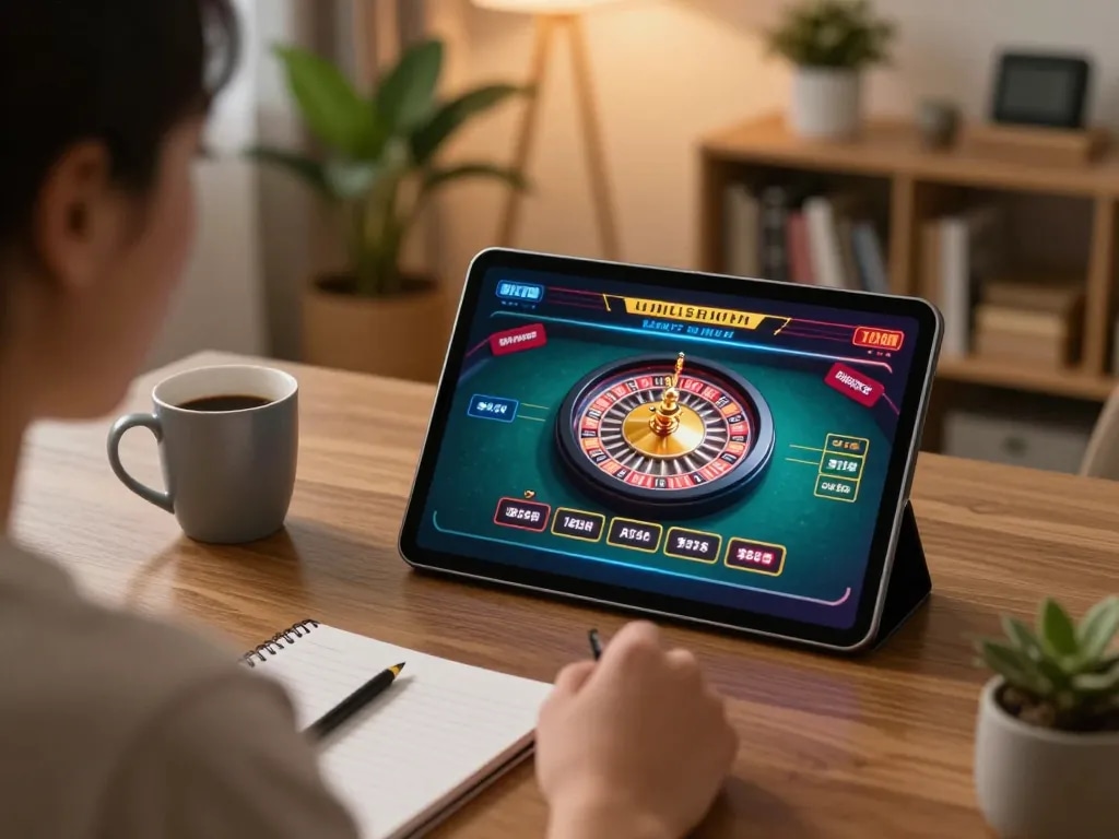 Play live roulette on lucks8 with a modern home gaming setup, focusing on tablet display during gameplay.