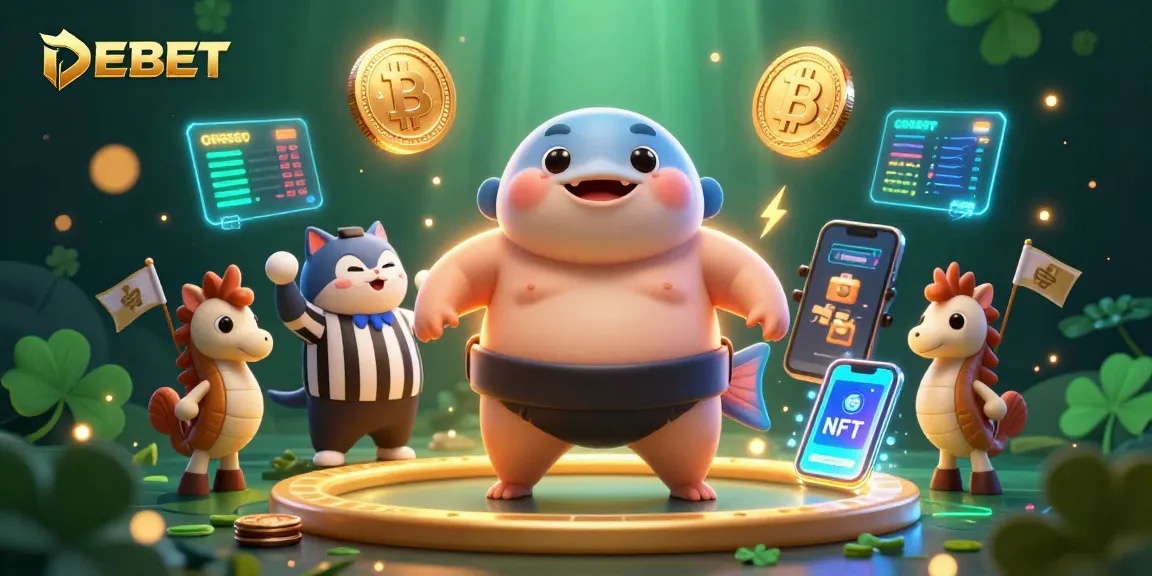 Engage in thrilling gaming with DEBET's vibrant 3D underwater casino scene featuring a blowfish and catfish referee.