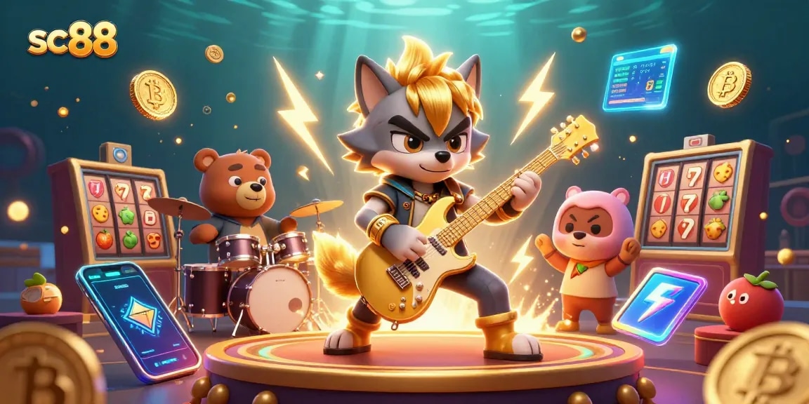 Experience thrilling moments at sc88 with vibrant casino action featuring a rock star wolf and drummer bear.
