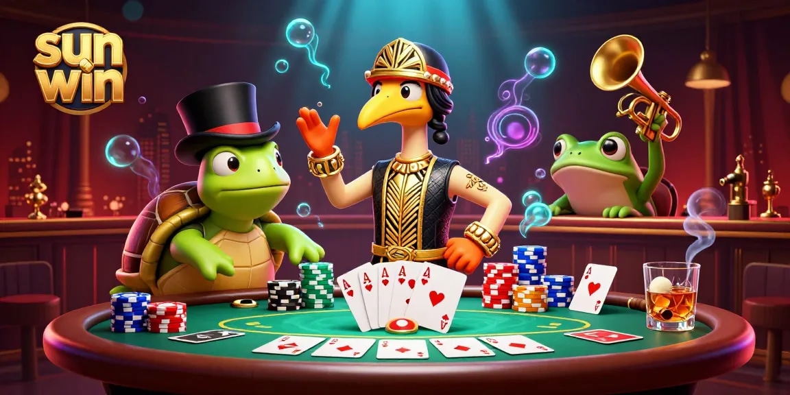 Sculpt dynamic sun win experience at a colorful poker table featuring an art deco crane, a top-hat turtle, and a trumpet frog.