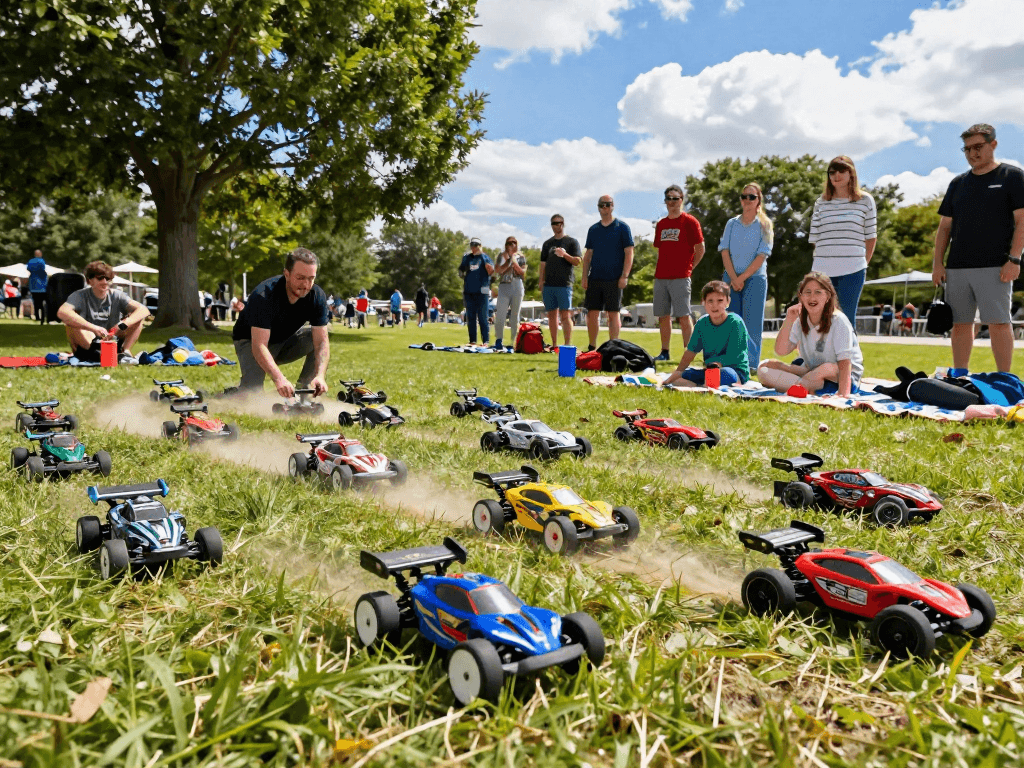 Exciting rokok88 remote control race event in a park with diverse hobbyists enjoying their RC vehicles.