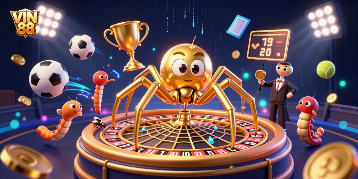 Experience thrilling gameplay with VIN 88 as a fly bets nervously amid a vibrant casino scene.