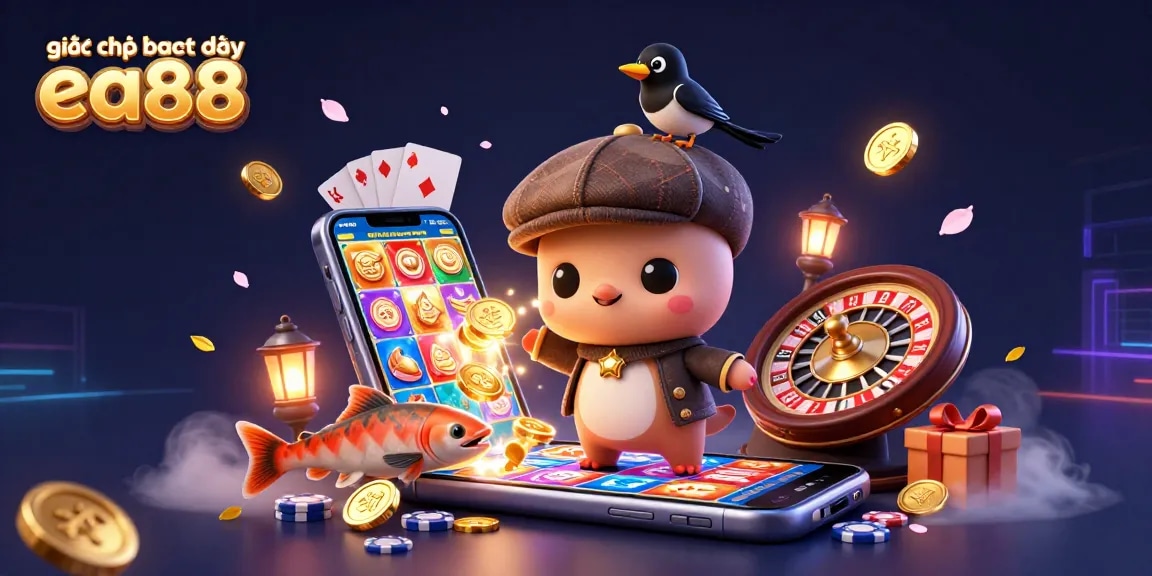 Experience the excitement of giấy phép hoạt động ea88 through vibrant characters in a dynamic casino scene filled with games.