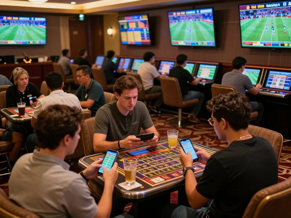 Betting excitement at a luxurious sportsbook featuring thể thao 98win, live event screens, and engaged bettors.