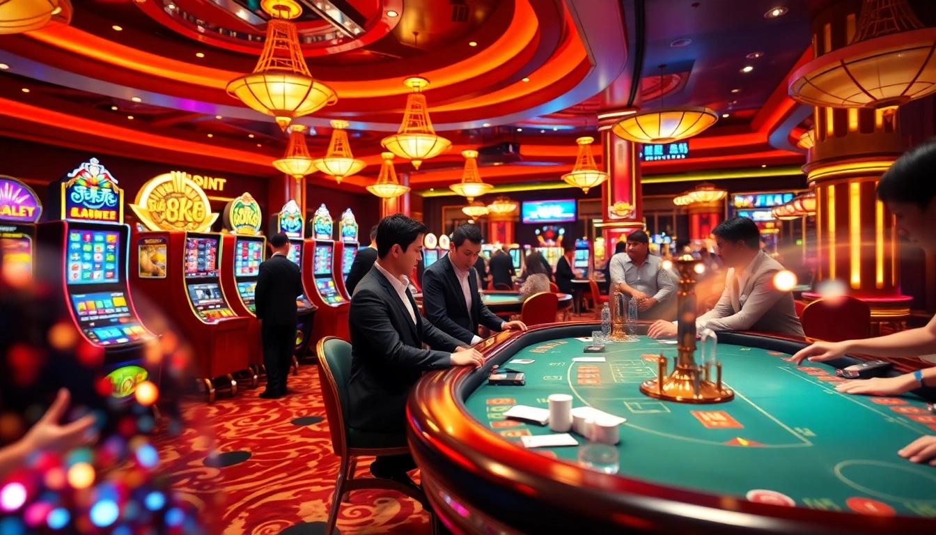 Experience an exhilarating gaming atmosphere at xin88 with high-stakes poker and vibrant slot machines.