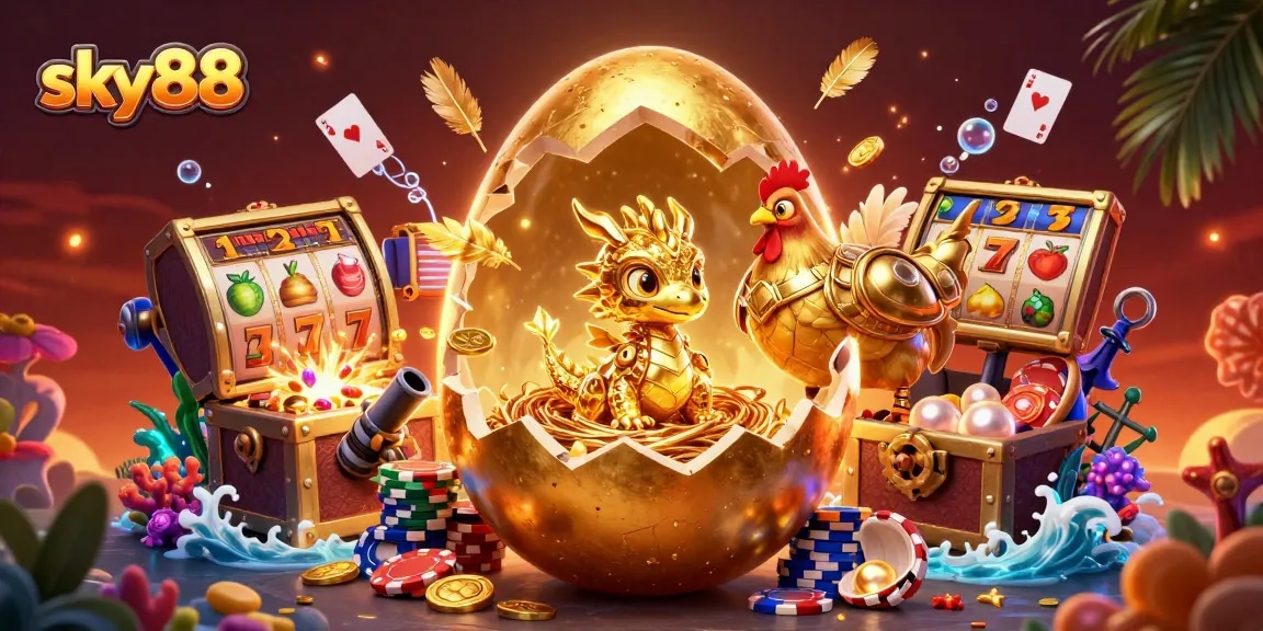 Experience the thrill of sky88 with captivating visuals of golden treasures and casino excitement.