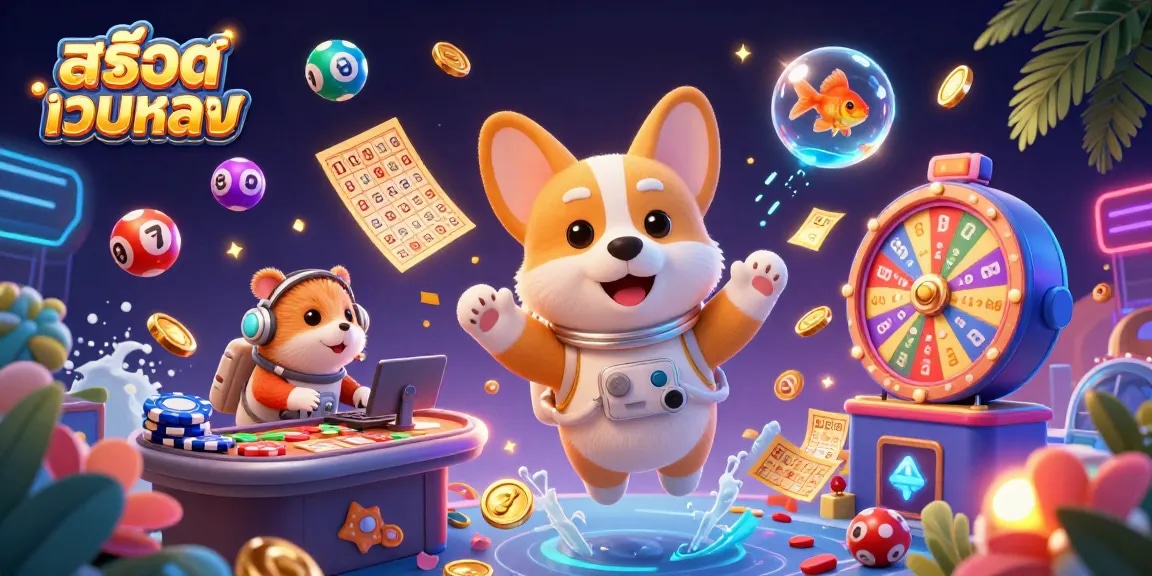 Engage with สล็อตเว็บตรง in a vibrant space casino scene featuring an astronaut corgi and colorful lottery balls.