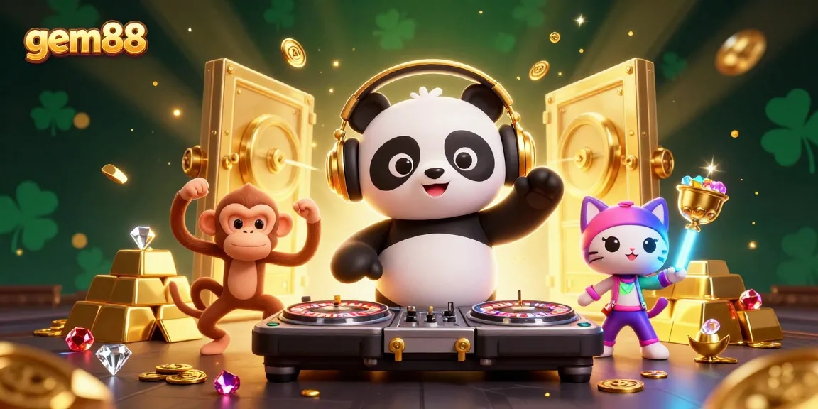 Join the excitement at gem88 with a DJ panda and friends celebrating big wins at a vibrant casino party.