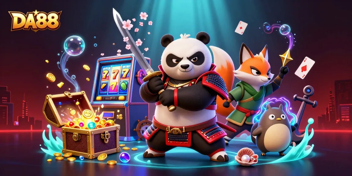 Experience thrilling gameplay at DA88 with a dynamic scene featuring a samurai panda, ninja fox, and treasure-filled slots.