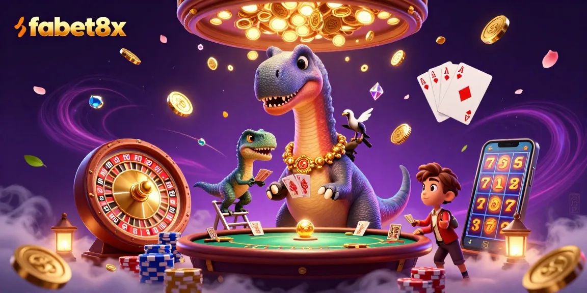 Engage in thrilling gaming at fabet8x with a whimsical brontosaurus and raptor in a vibrant casino