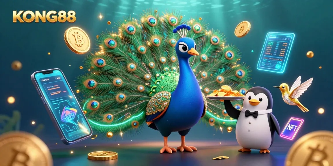 KONG88 offers thrilling gaming excitement with a colorful 3D illustration featuring a peacock, penguin, and hummingbird surrounded by crypto elements.